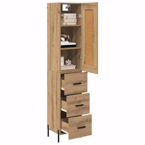 vidaXL Artisan Oak Highboard in Brown with 3 Drawers and Hinged Doors, W/D/H: 34.5 x 34.0 x 180.0 cm