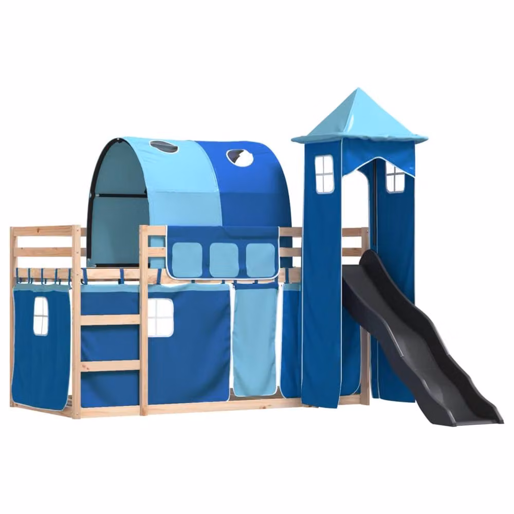 Berkfield Home Blue Solid Wood Childrens Bunk Bed with Slide and Curtains W/D/H: 80 x 200 cm – 3