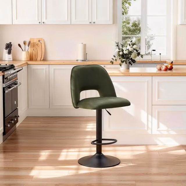 Sonara Modern Swivel Bar Stool with Velvet Upholstered Frame and Metal Base in Green