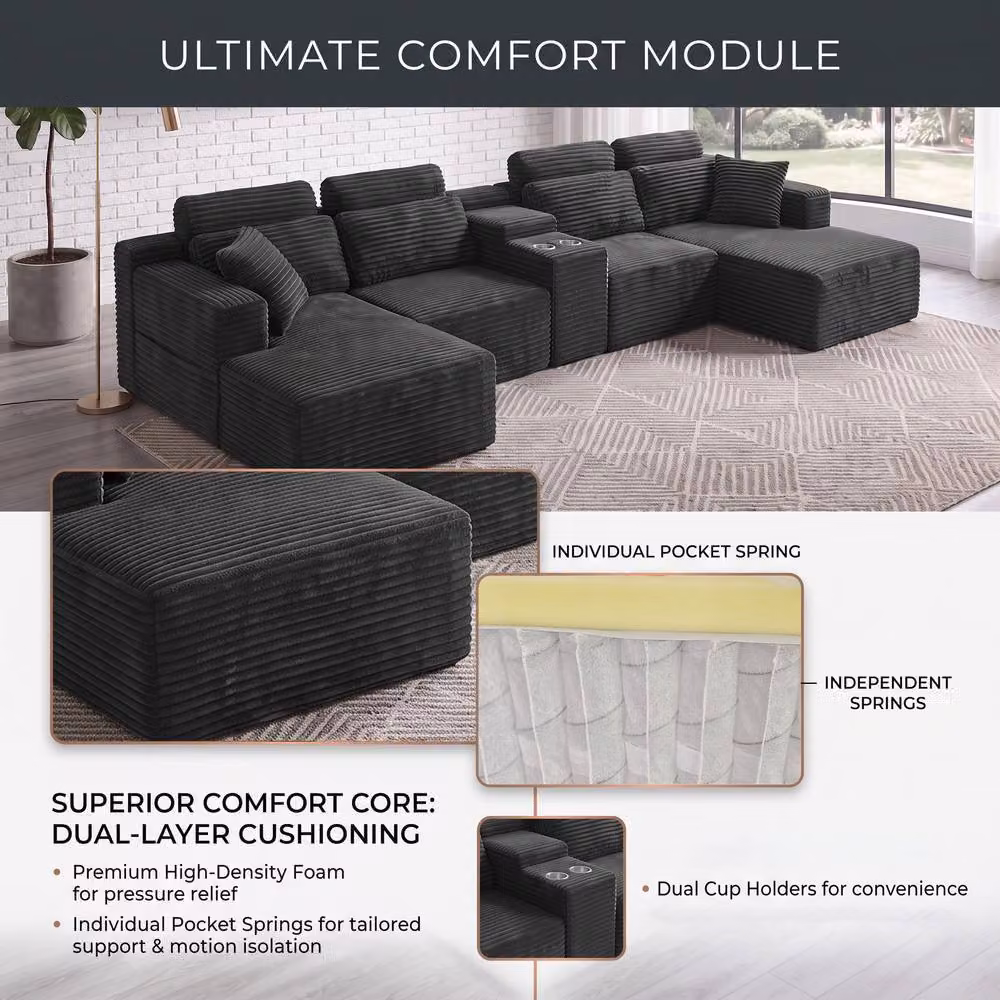 Merax 370cm U-Shape Modular Corner Sofa with Chaise and Cup Holders in Dark Grey – 4