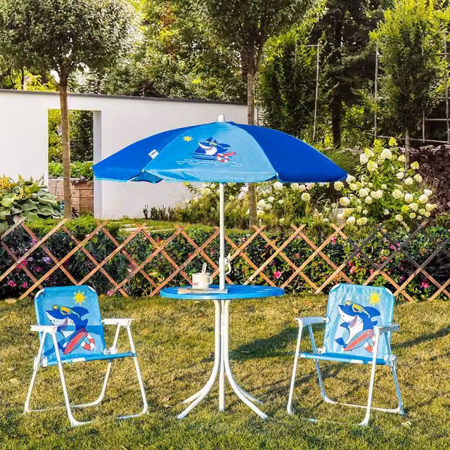 Outsunny Shark Bistro Set for Children Aged 3-6 with Sun Umbrella in Blue