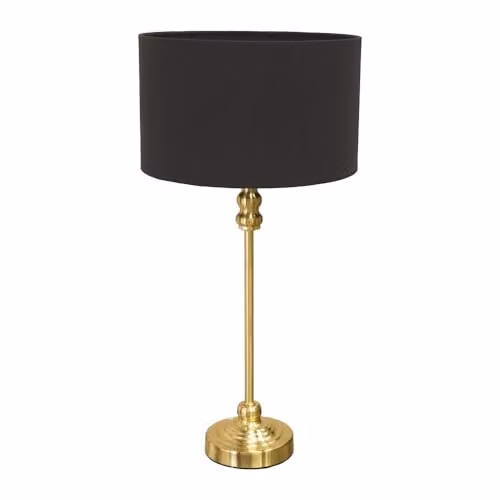 ValueLights Gold Metal Candlestick Table Lamp with Grey Fabric Drum Shade and Included LED Bulb