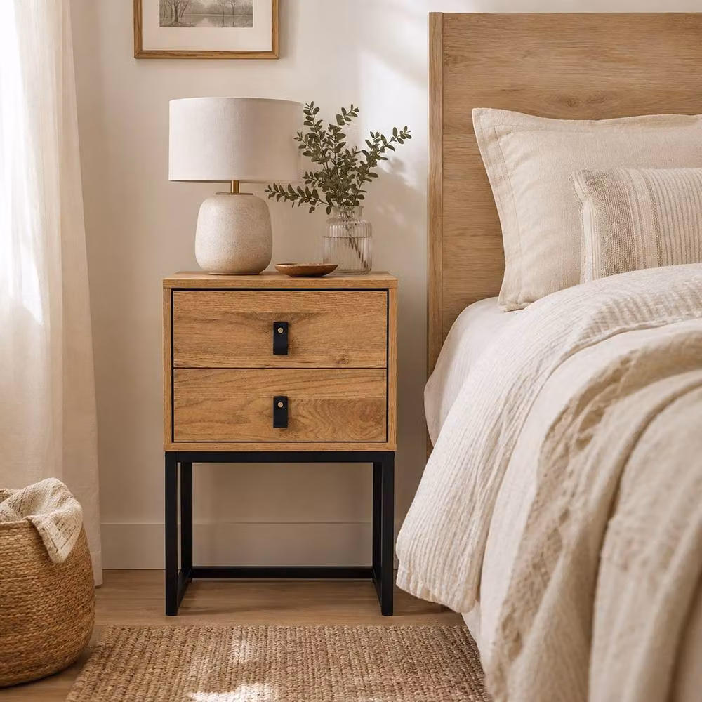 CALICOSY JILL Bedside Table with 2 Drawers and Metal Legs in Light Brown Oak Effect, W: 45.0 cm, D: 29.0 cm, H: 65.5 cm – 2