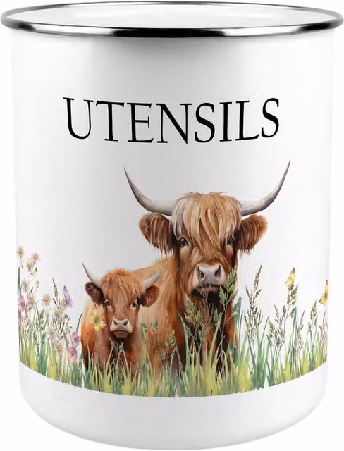 Purely Home Highland Cow and Calf Ceramic Kitchen Utensil Holder in Brown and White