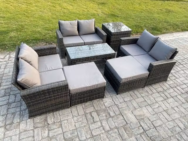 Fimous U Shape Rattan Garden Furniture Set in Dark Grey with Coffee Table, Double Seater Sofa and 2 Ottomans