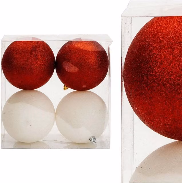 VFM e-Store Red, White and Gold Christmas Baubles (4 Pack) - Round Hanging Tree Decorations