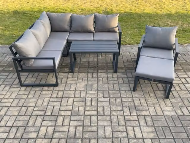 Fimous Dark Grey Aluminium Outdoor Garden Furniture Set with 3 Seater Sofa, Armchair, Coffee Table and Ottoman