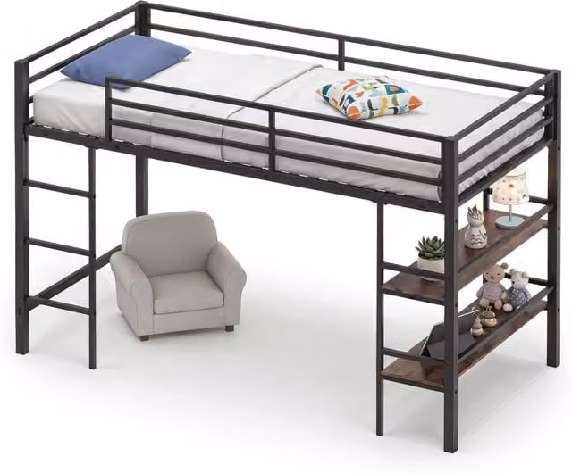 COSTWAY Modern Metal Loft Bed with Side Storage Compartments in Black, 90 x 200 cm