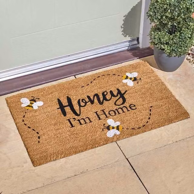 Garden Mile Heavy Duty Rectangular Coir Door Mat with Bee Graphic in Brown, Yellow, White and Black