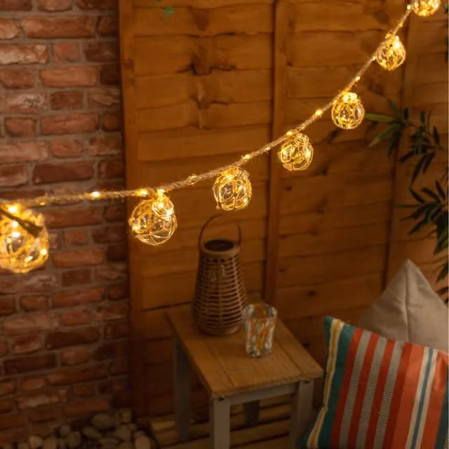 ValueLights 8pc Brown Wicker Ball Solar LED String Lights with Warm White Sphere Bulbs