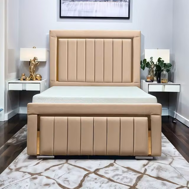 UK Bed Furniture Princess Upholstered Bed with Slatted Base and Classic Panel Headboard in Beige, W/D/H: 120 x 200 cm