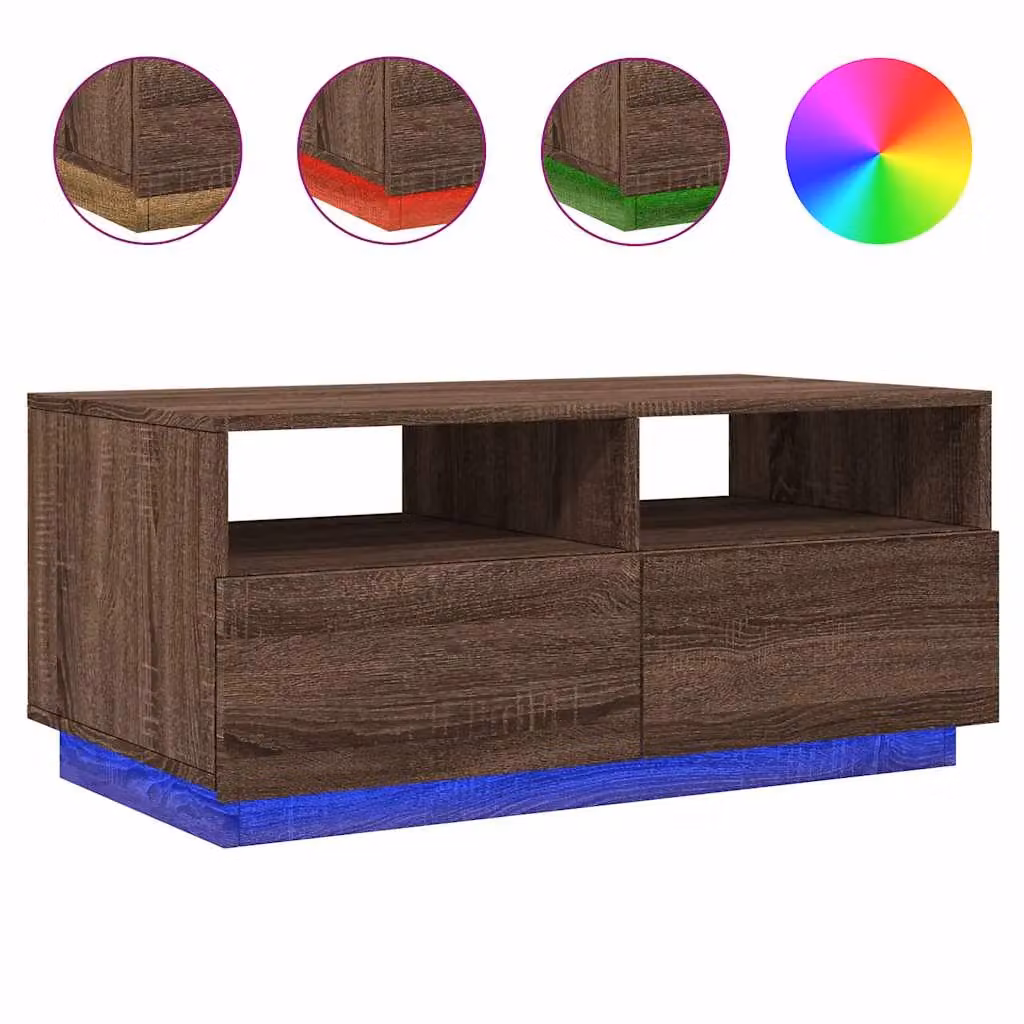 Berkfield Home Modern Rectangular Coffee Table with LED Lights in Brown Oak, W: 90 cm, D: 49 cm, H: 40 cm – 2