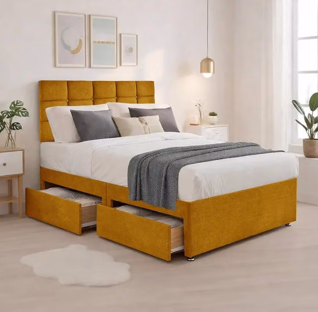 Bed Time UK Plush Divan Bed with Mattress, 20" Cubic Headboard and 2 Drawers in Yellow, Size: King (W/D/H: 180 x 200 cm)