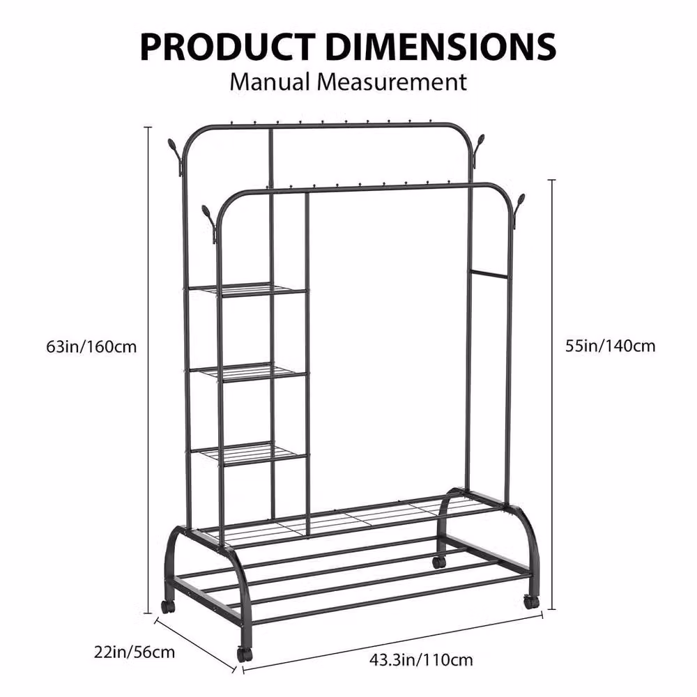 KORVIXA Black Metal Double Rail Clothes Garment Hanging Rack W/D/H: 90 x 56 x 160 cm – 2