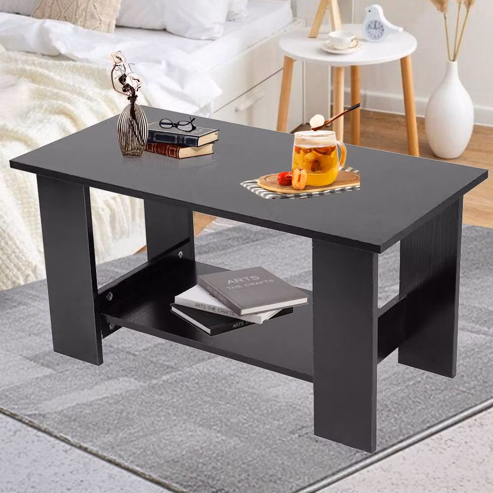 Ventryn Black Modern Living Room Coffee Table and Side Desk with Storage Shelf – 5