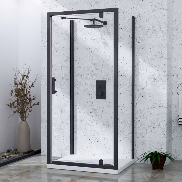Royal Bathrooms Milan 3-Sided Rectangular Pivot Door Shower Enclosure with 6mm Glass, Matt Black, W: 80 cm, D: 70 cm