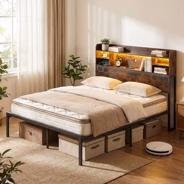 Costway King Size Metal Bed Frame in Brown with LED Lights, USB Charging Port and Side Compartments, W/D/H: 180 x 200 cm – 1