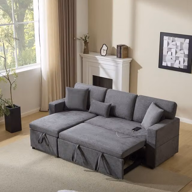 Aosom UK L-Shaped Corner Sofa Bed in Dark Grey Oxford Fabric with Extendable Bed Box, Integrated Shelf and USB Port, W/D/H: 131 x 214 x 87 cm