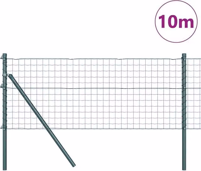 Berkfield Home Green Euro Fence with 7 Round Posts, Galvanised Steel, W: 10 m, H: 0.6 m – 1