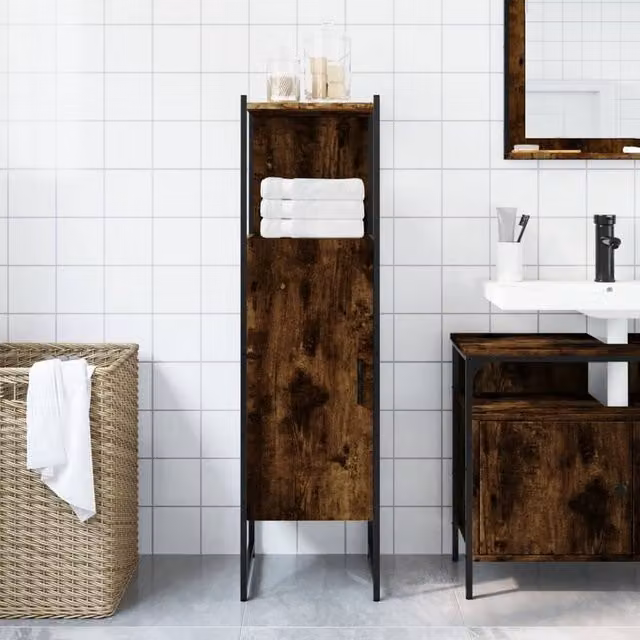 Berkfield Home Sturdy Bathroom Cabinet in Smoked Oak Brown, W/D/H: 33 x 33 x 120.5 cm