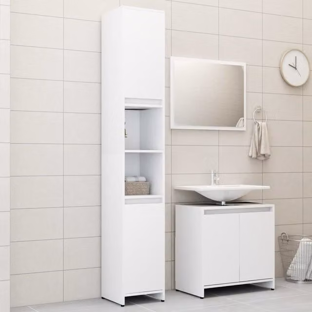 Berkfield Home Modern 3 Piece White MDF Bathroom Furniture Set Including Tall Cabinet, Vanity Unit and Mirror Cabinet