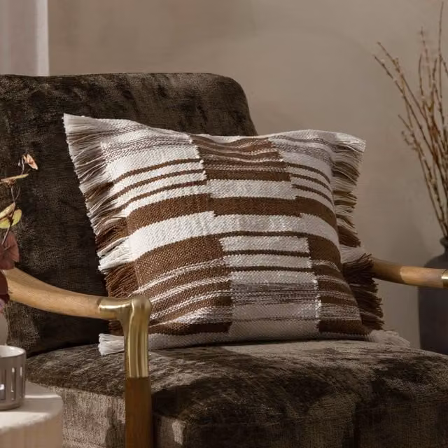 HOEM Torode Woven Boho Striped Cotton Cushion in Orange and Brown, W/D/H: 45 x 45 x 45 cm