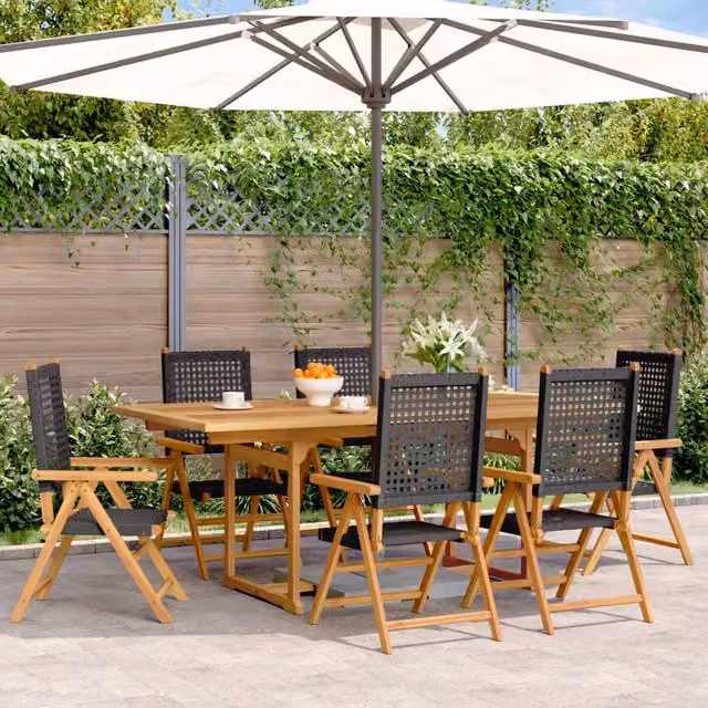 Berkfield Home 7 Piece Modern Garden Dining Set in Black Poly Rattan and Acacia Wood