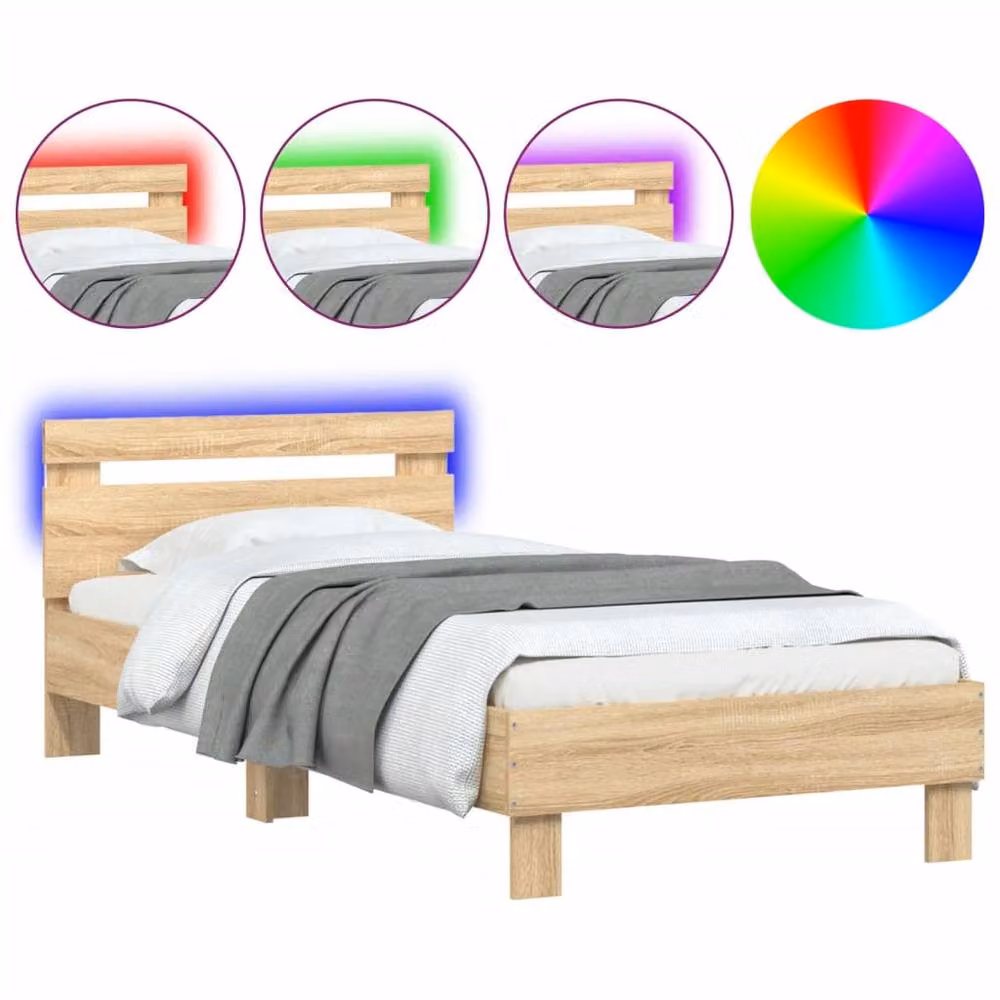 Berkfield Home Durable Bed Frame with Headboard and LED Under-Bed Lighting in Sonoma Oak Brown, W/D/H: 90 x 200 x 70 cm – 2