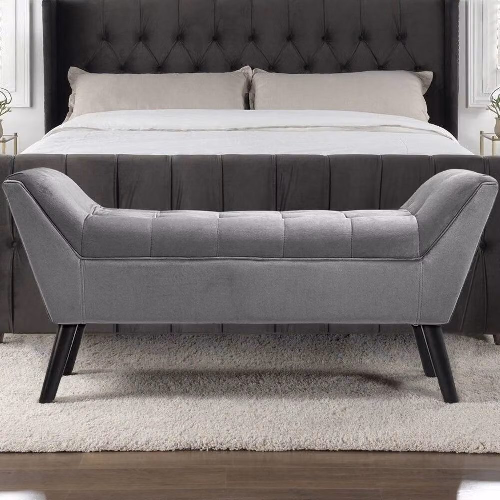 KORVIXA Grey Velvet Longue Chair Bed End Stool and Bedside Bench – 3