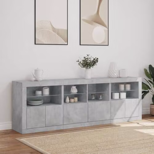 vidaXL Modern Sideboard with Integrated LED Lights in Concrete Grey, W: 202 cm, D: 37 cm, H: 67 cm