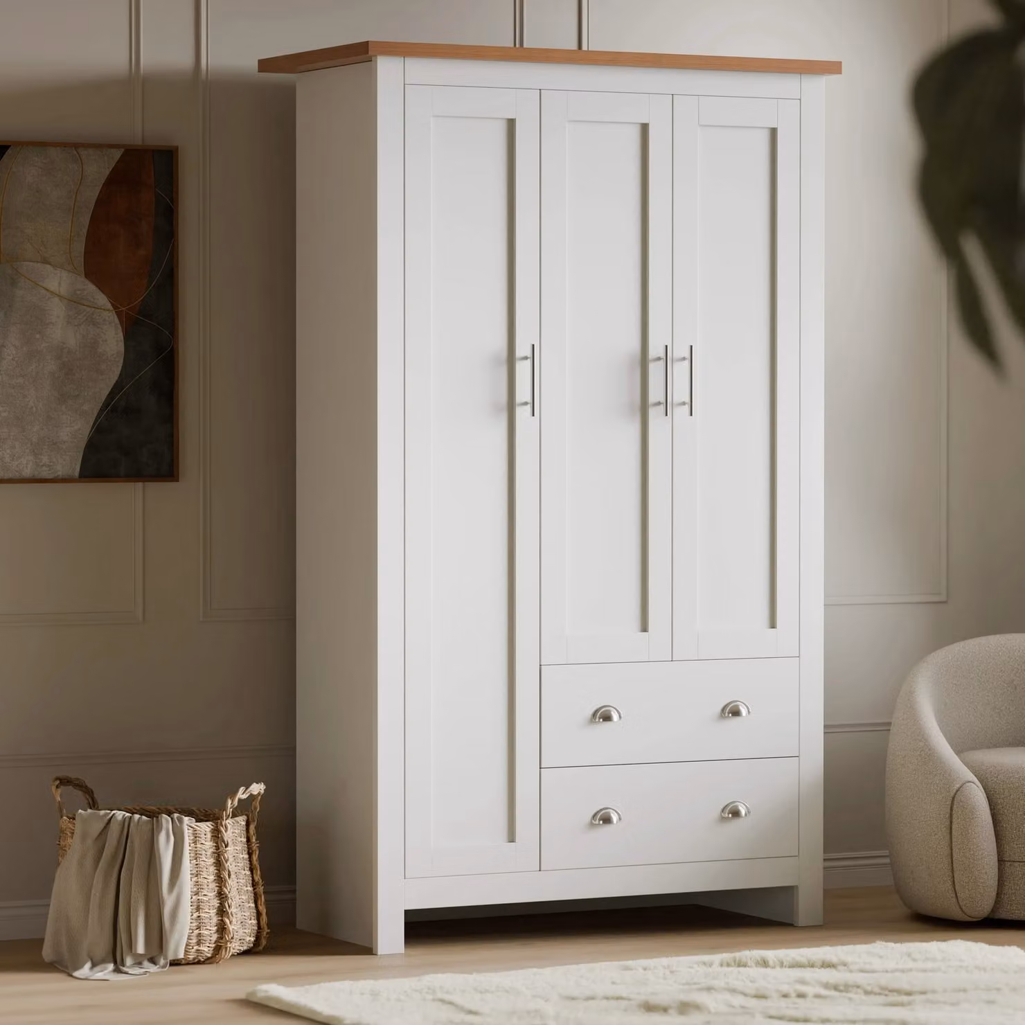 DHS Shaker Triple Wardrobe with Drawers and Shelves in White, H 180 x W 120 x D 52 cm