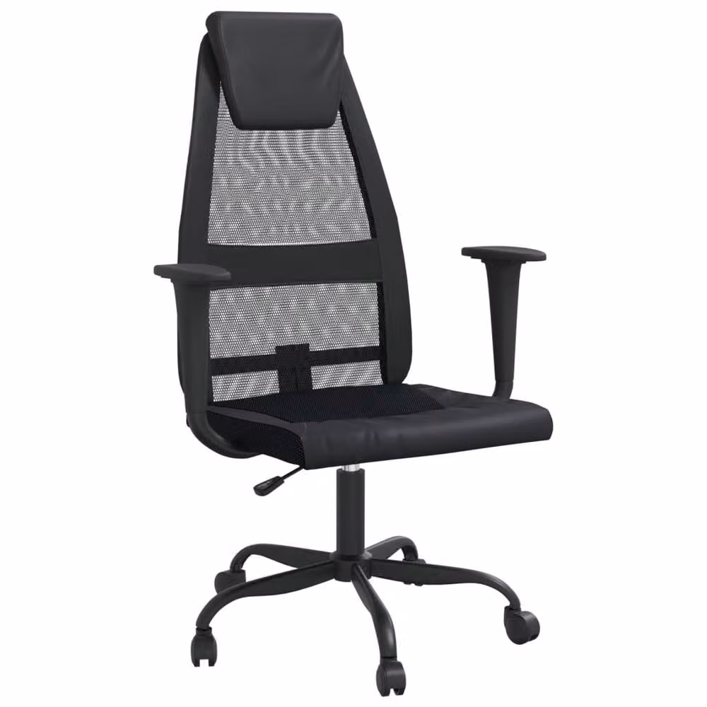 Berkfield Black Mesh Fabric and Faux Leather Swivel Task Chair with Headrest and Armrests – 2