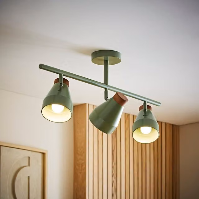 ValueLights Parker Walnut 3 Way Bar Ceiling Light in Green and Cream