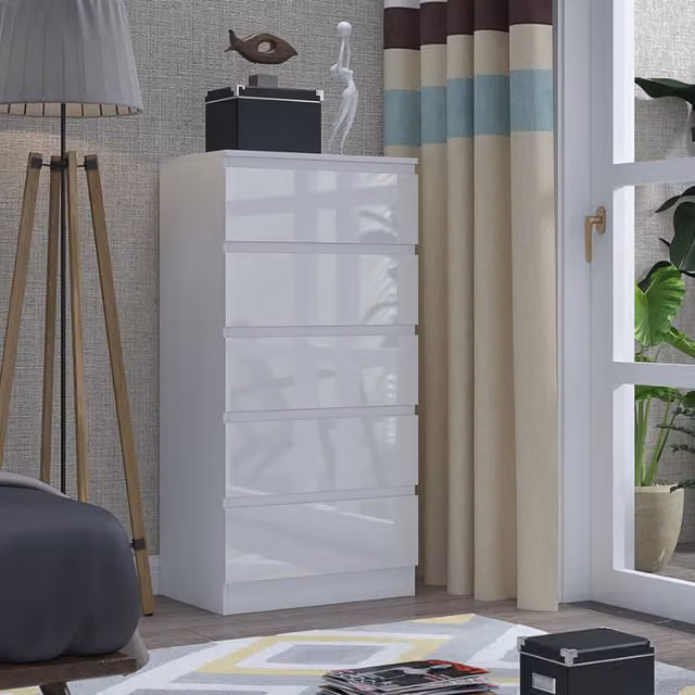 Stora Modern Tall 5 Drawer Chest of Drawers in White Gloss