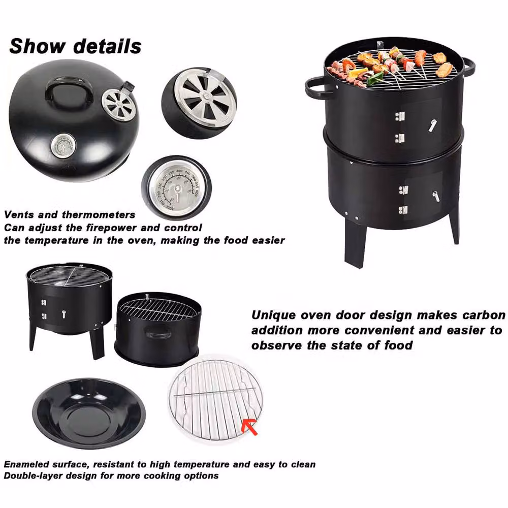 Living and Home Black Vertical Charcoal Kettle Smoker Grill BBQ – 6