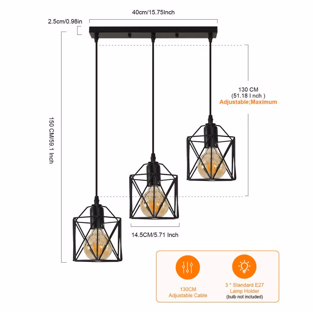Pheashine Black 3-Light Industrial Metal Pendant Light with Rectangular Canopy and E27 Base – 2