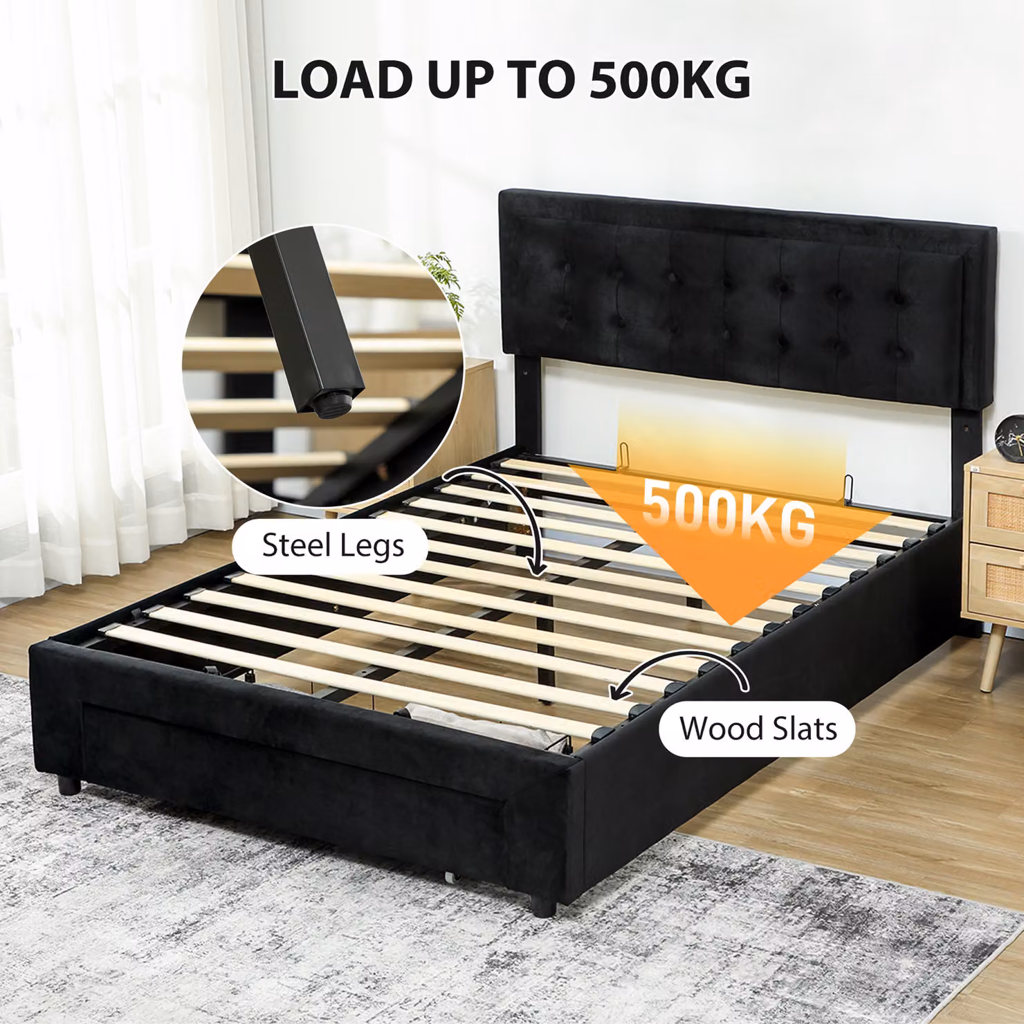HOMCOM King Size Velvet Ottoman Bed Frame with Lift Up Base and Front Drawer, Black, W/D/H: 180 x 200 x 157.5 cm – 6