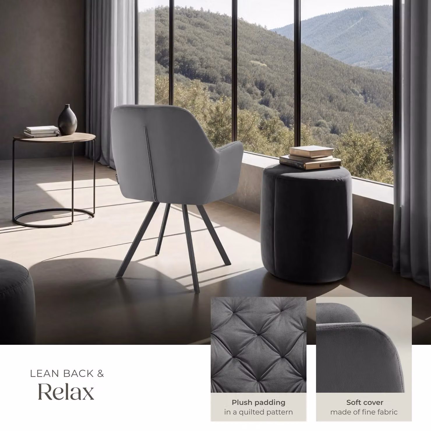 tectake Lucia Armchair in Anthracite Dark Grey with Velvet Upholstery and Metal Frame – 4