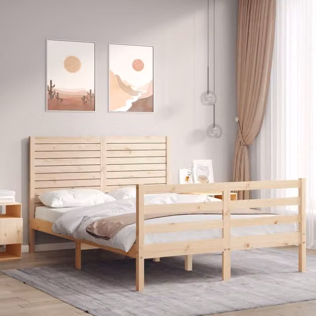 Berkfield Home Double Solid Wood Bed Frame with Headboard in Brown Pine