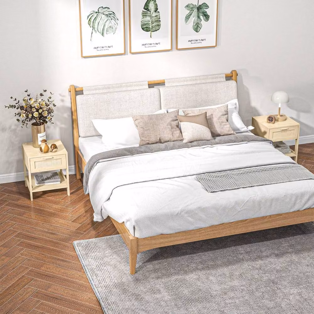 Wyld Haus Dilamo Set of 2 Farmhouse Bedside Tables with Rattan Drawer and Open Shelf in Beige – 3