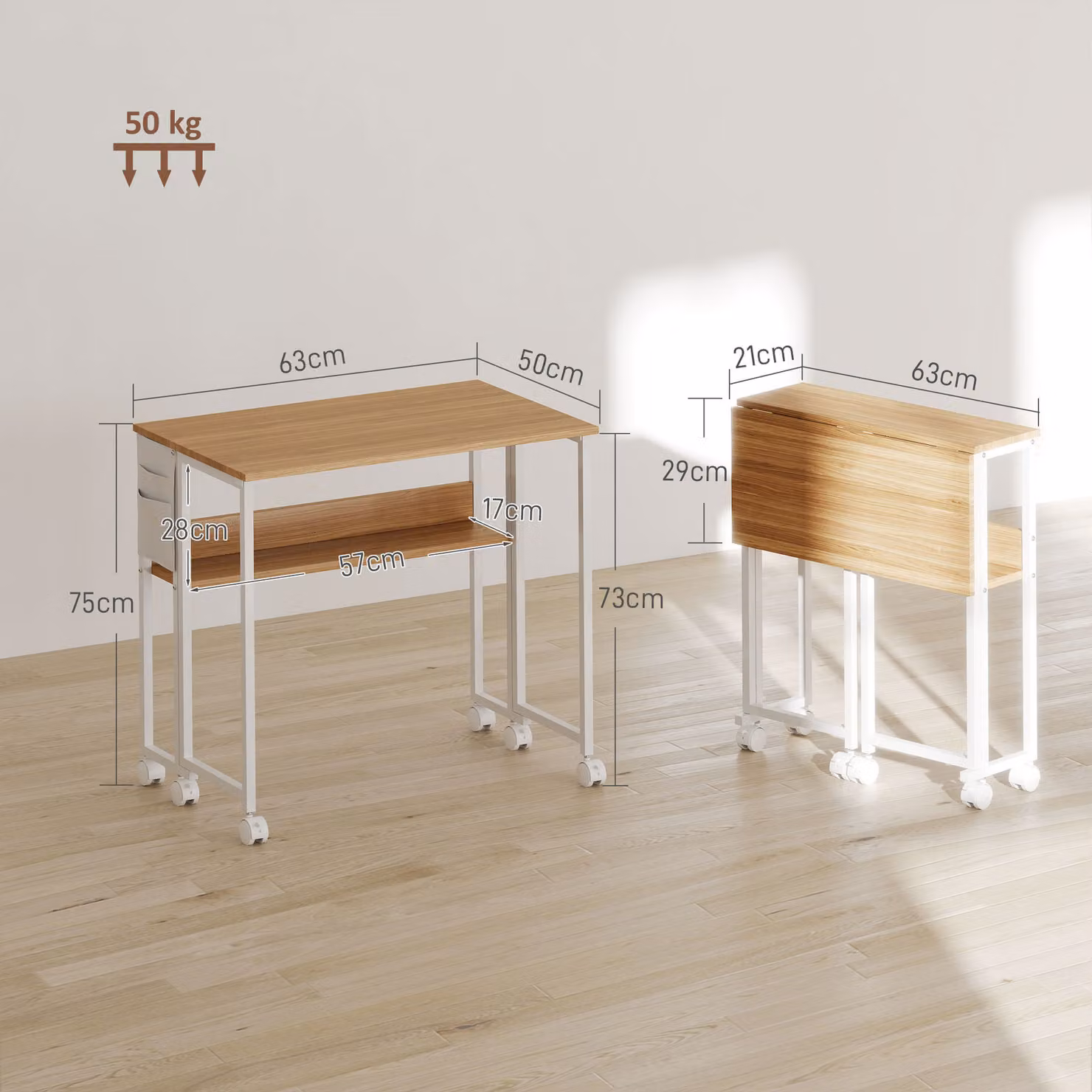 HOMCOM Brown Drop Leaf Writing Desk with Castors – 3