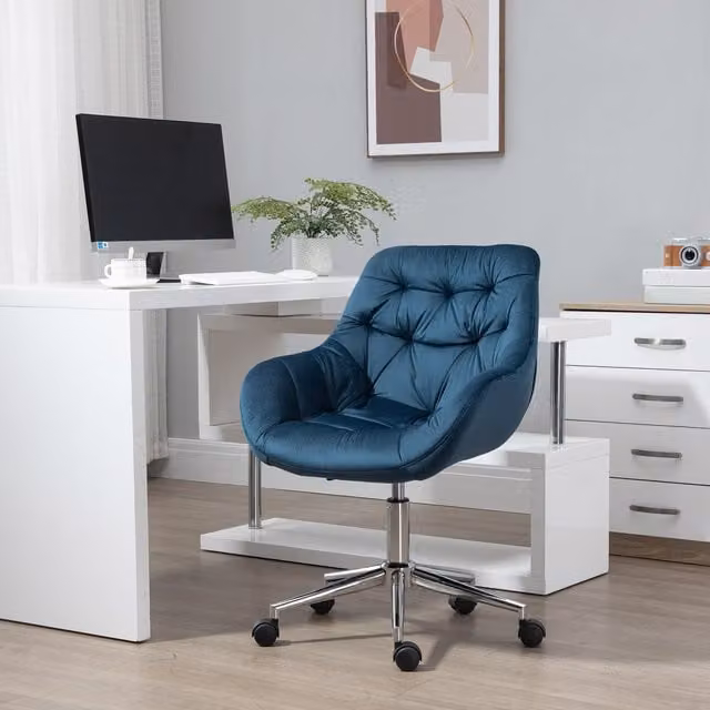 Vinsetto Modern Blue Velvet Swivel Task Chair with Armrests and Castors for Home Office