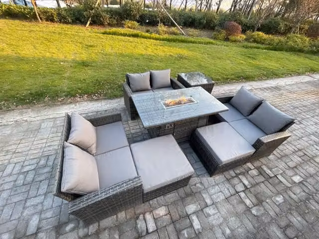 Fimous High Back Rattan Garden Furniture Set with Gas Firepit Dining Table and 2 Big Footstools in Dark Grey