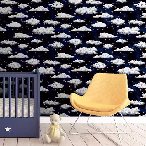 Arthouse Stars and Clouds Abstract Nature Wallpaper in Blue, White and Gold – 4