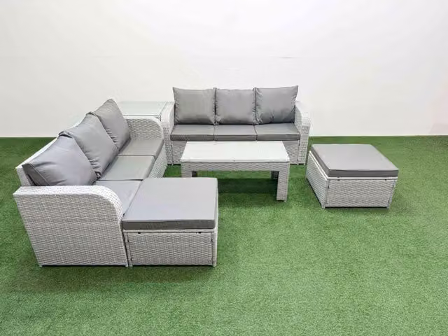 Fimous 8 Seater Grey Wicker Rattan Garden Furniture Set with High Back Lounge Sofa, Oblong Coffee Table and 2 Ottomans