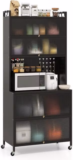 COSTWAY 6-Tier Modern Black Kitchen Pantry Cabinet with Doors and Open Shelves