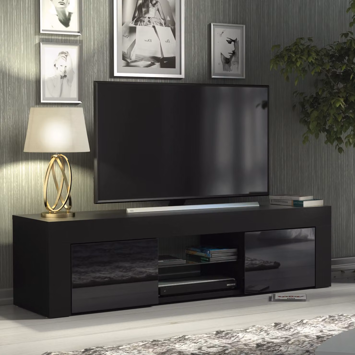 Creative Furniture Modern Black High Gloss TV Unit W: 130 cm, D: 35 cm, H: 35 cm – 4