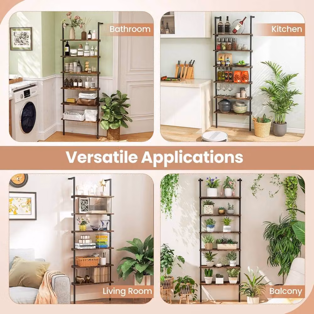 FORGEVIO 6-Tier Industrial Ladder Shelf with Metal Frame in Brown – 3