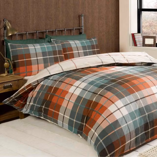 Rapport Home Lomond Check Flannelette Cotton Duvet Set and Pillowcase, Red and Multicolour, W/D/H: 135 x 200 cm and 50 x 75 cm