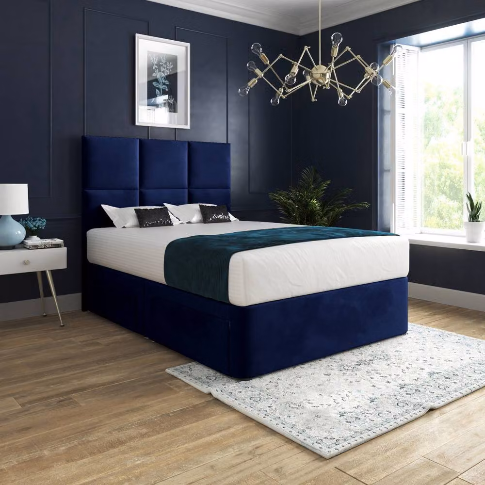 Casani Goostrey Blue Velvet Upholstered Divan Bed Frame with Floorstanding Geometric Headboard and Drawers, W/D/H: 140 x 200 cm – 2